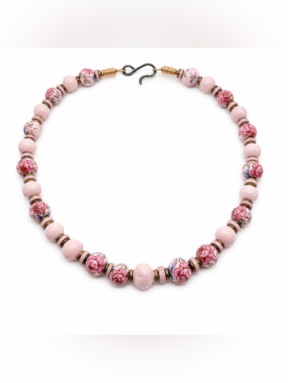 Vintage Hand Painted Rose Ceramic Bead Necklace Pink Floral Cottagecore (0010)